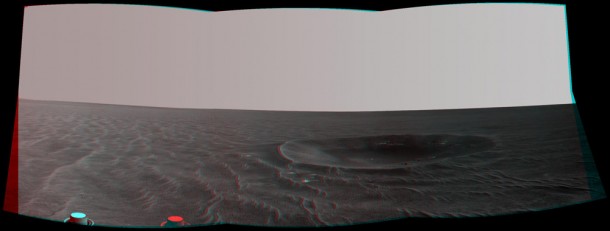 This scene of "Yankee Clipper" crater on Mars appears three-dimensional when viewed through red-blue glasses with the red lens on the left. Yankee Clipper crater is about 10 meters (33 feet) in diameter. This scene of "Yankee Clipper" crater on Mars appears three-dimensional when viewed through red-blue glasses with the red lens on the left. Yankee Clipper crater is about 10 meters (33 feet) in diameter.