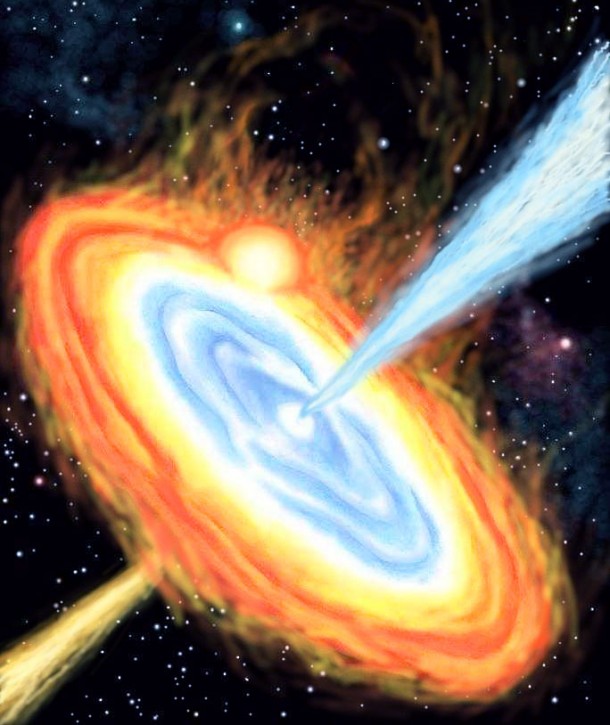 This is an illustration of the collapse of a massive star in which the large envelope forms a rotationally supported disk and may even lead to a relativistic jet. This "collapsar" picture may explain at least one class of gamma-ray bursts, cosmic explosions that are a million trillion times as bright as the sun! Gamma-ray bursts last for anywhere from a few milliseconds to several minutes, and for that time they are the brightest source of gamma-rays in the entire observable Universe. Credit: Tony Piro/Caltech This is an illustration of the collapse of a massive star in which the large envelope forms a rotationally supported disk and may even lead to a relativistic jet. This "collapsar" picture may explain at least one class of gamma-ray bursts, cosmic explosions that are a million trillion times as bright as the sun! Gamma-ray bursts last for anywhere from a few milliseconds to several minutes, and for that time they are the brightest source of gamma-rays in the entire observable Universe. Credit: Tony Piro/Caltech