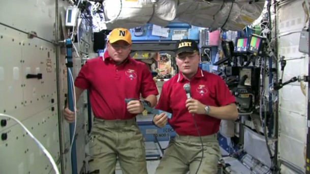 Expedition 25 Commander Doug Wheelock (right) and Flight Engineer Scott Kelly pay tribute to U.S. servicemen and women in a Veterans Day message. Credit: NASA TV Expedition 25 Commander Doug Wheelock (right) and Flight Engineer Scott Kelly pay tribute to U.S. servicemen and women in a Veterans Day message. Credit: NASA TV