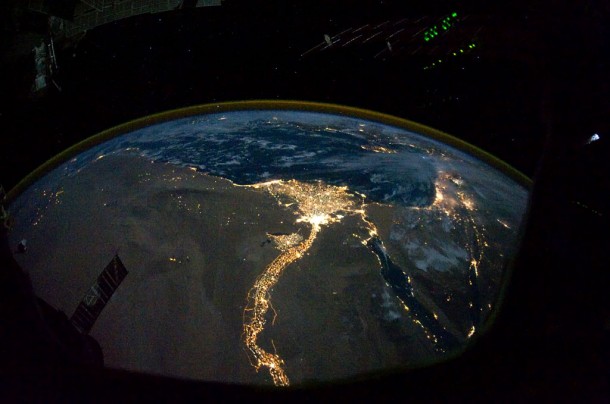 Night time photo featuring the bright lights of Cairo and Alexandria, Egypt on the Mediterranean coast shot from the ISS. Credit: NASA Night time photo featuring the bright lights of Cairo and Alexandria, Egypt on the Mediterranean coast shot from the ISS. Credit: NASA