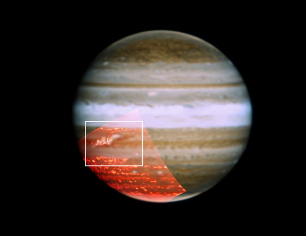This image is a composite of three color images taken on Nov. 18, 2010, by the Gemini North telescope in Hawaii. The composite image shows a belt that had previously vanished in Jupiter's atmosphere is now reappearing. Image credit: NASA/JPL/UH/NIRI/Gemini/UC Berkeley This image is a composite of three color images taken on Nov. 18, 2010, by the Gemini North telescope in Hawaii. The composite image shows a belt that had previously vanished in Jupiter's atmosphere is now reappearing. Image credit: NASA/JPL/UH/NIRI/Gemini/UC Berkeley