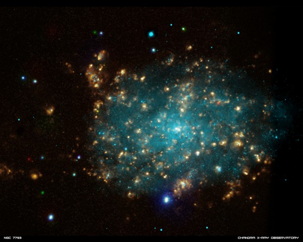 The galaxy NGC 7793. This image combines X-ray and optical data taken with three telescopes.