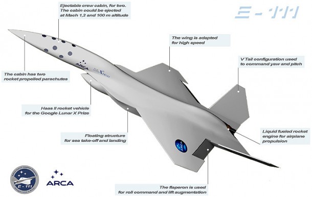 E-111 aircraft completion is scheduled for the middle of 2012, followed by the first takeoff at the end of 2012. First supersonic flight is estimated for the first half of the year 2013. Credit: ARCA E-111 aircraft completion is scheduled for the middle of 2012, followed by the first takeoff at the end of 2012. First supersonic flight is estimated for the first half of the year 2013. Credit: ARCA