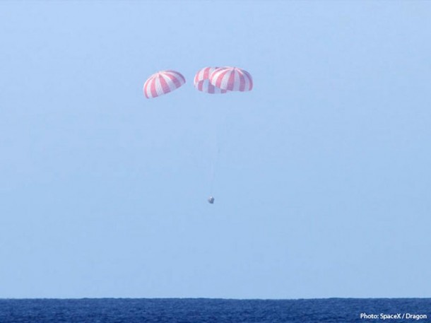 The Dragon spacecraft landed in the Pacific Ocean 3 hours, 19 minutes and 52 seconds after liftoff—less than a minute after SpaceX had predicted and less than one mile from the center of the landing target. Credit: SpaceX The Dragon spacecraft landed in the Pacific Ocean 3 hours, 19 minutes and 52 seconds after liftoff—less than a minute after SpaceX had predicted and less than one mile from the center of the landing target. Credit: SpaceX