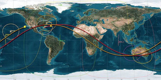 Image above illustrates COTS Demo 1 mission orbital path. The yellow triangle over the Atlantic ocean marks Dragon’s initial separation from Falcon 9, and the yellow square off the Western coast of the United States marks the location where Dragon landed. Credit: SpaceX Image above illustrates COTS Demo 1 mission orbital path. The yellow triangle over the Atlantic ocean marks Dragon’s initial separation from Falcon 9, and the yellow square off the Western coast of the United States marks the location where Dragon landed. Credit: SpaceX