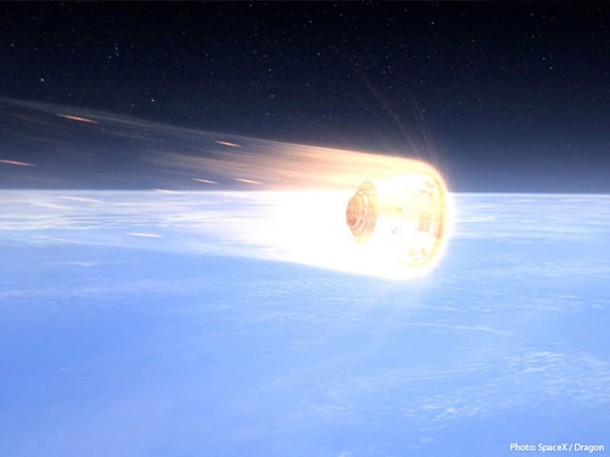 Artist’s rendition of Dragon, thermally protected by SpaceX’s PICA-X advanced heat shield, reentering Earth’s atmosphere. Credit: SpaceX Artist’s rendition of Dragon, thermally protected by SpaceX’s PICA-X advanced heat shield, reentering Earth’s atmosphere. Credit: SpaceX
