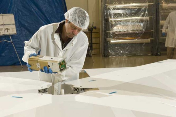 NanoSail-D satellite during deployment testing. (NASA/MSFC) NanoSail-D satellite during deployment testing. (NASA/MSFC)