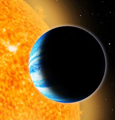 The newly-discovered alien world Qatar-1b orbits an orange type K star 550 light-years from Earth. Qatar-1b is a gas giant 20 percent larger than Jupiter in diameter and 10 percent more massive. It circles its star once every 1.4 days, meaning that its "year" is just 34 hours long. Credit: David A. Aguilar (CfA) The newly-discovered alien world Qatar-1b orbits an orange type K star 550 light-years from Earth. Qatar-1b is a gas giant 20 percent larger than Jupiter in diameter and 10 percent more massive. It circles its star once every 1.4 days, meaning that its "year" is just 34 hours long. Credit: David A. Aguilar (CfA)