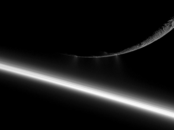 Small water ice particles fly from fissures in the south polar region of Saturn's moon Enceladus in this image taken during the Aug. 13, 2010, flyby of the moon by NASA's Cassini spacecraft. Image credit: NASA/JPL/SSI Small water ice particles fly from fissures in the south polar region of Saturn's moon Enceladus in this image taken during the Aug. 13, 2010, flyby of the moon by NASA's Cassini spacecraft. Image credit: NASA/JPL/SSI