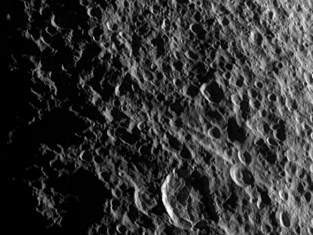 Geologic faults among craters on Saturn's moon Tethys are depicted in this image captured during a flyby of the moon by NASA's Cassini spacecraft on Aug. 14, 2010. Image credit: NASA/JPL/SSI Geologic faults among craters on Saturn's moon Tethys are depicted in this image captured during a flyby of the moon by NASA's Cassini spacecraft on Aug. 14, 2010. Image credit: NASA/JPL/SSI