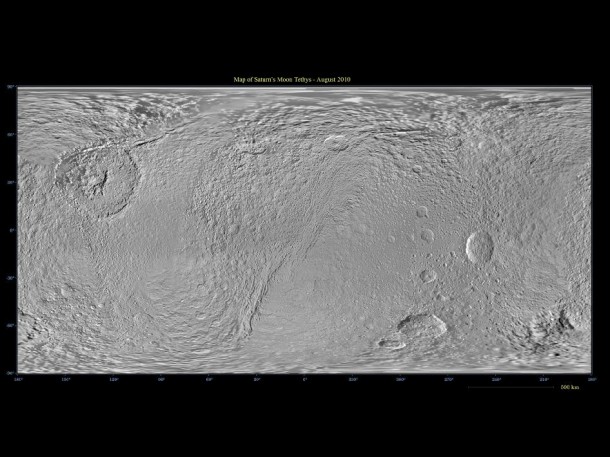 This global map of Saturn's moon Tethys was created using images taken by NASA's Cassini spacecraft. Image credit: NASA/JPL/SSI This global map of Saturn's moon Tethys was created using images taken by NASA's Cassini spacecraft. Image credit: NASA/JPL/SSI