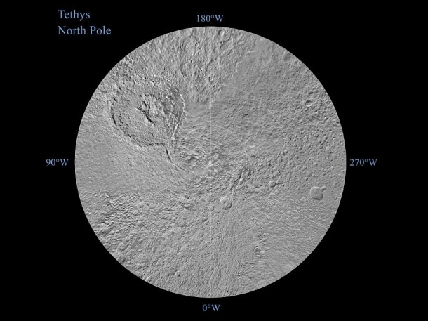 The northern hemisphere of Saturn's moon Tethys is seen in this polar stereographic map, mosaicked from the best-available images obtained by NASA's Cassini spacecraft. Image credit: NASA/JPL/SSI The northern hemisphere of Saturn's moon Tethys is seen in this polar stereographic map, mosaicked from the best-available images obtained by NASA's Cassini spacecraft. Image credit: NASA/JPL/SSI
