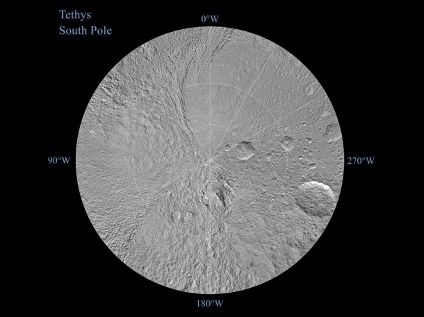 The southern hemisphere of Saturn's moon Tethys is seen in this polar stereographic maps, mosaicked from the best-available images obtained by NASA's Cassini spacecraft. Image credit: NASA/JPL/SSI The southern hemisphere of Saturn's moon Tethys is seen in this polar stereographic maps, mosaicked from the best-available images obtained by NASA's Cassini spacecraft. Image credit: NASA/JPL/SSI
