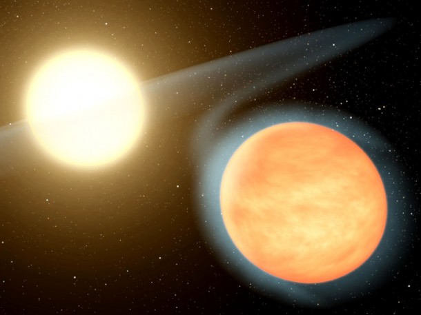 This artist's concept shows the searing-hot gas planet WASP-12b (orange orb) and its star. NASA's Spitzer Space Telescope discovered that the planet has more carbon than oxygen, making it the first carbon-rich planet ever observed. Image credit: NASA/JPL-Caltech This artist's concept shows the searing-hot gas planet WASP-12b (orange orb) and its star. NASA's Spitzer Space Telescope discovered that the planet has more carbon than oxygen, making it the first carbon-rich planet ever observed. Image credit: NASA/JPL-Caltech