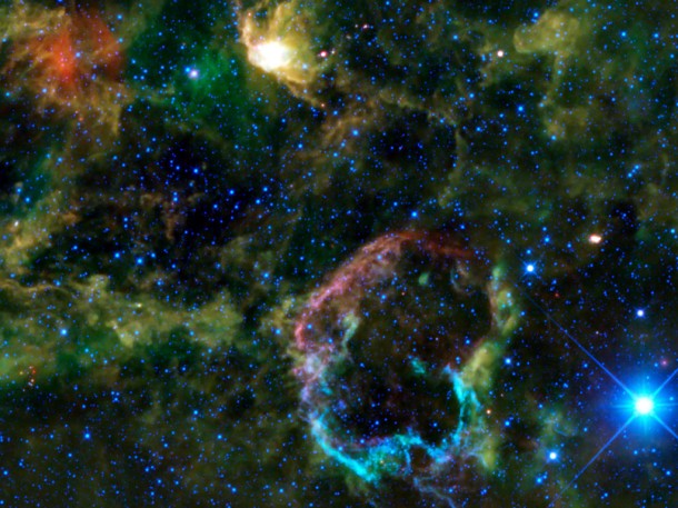 This oddly colorful nebula is the supernova remnant IC 443 as seen by NASA's Wide-field Infrared Survey Explorer, or WISE. Credit: NASA/JPL-Caltech/UCLA This oddly colorful nebula is the supernova remnant IC 443 as seen by NASA's Wide-field Infrared Survey Explorer, or WISE. Credit: NASA/JPL-Caltech/UCLA