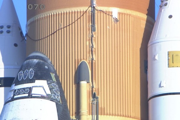 A detail of the wires and sensors placed on Discoery's external fuel tank for the tanking test. Photo credit: NASA TV