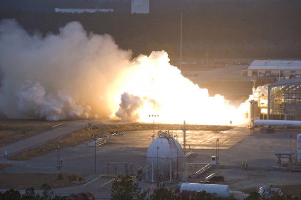 Test firing of the AJ26 engine for Orbital Sciences Corp.'s Taurus II launch vehicle at NASA's Stennis Space Center in Mississippi on Dec. 17, 2010. Image Credit: NASA Test firing of the AJ26 engine for Orbital Sciences Corp.'s Taurus II launch vehicle at NASA's Stennis Space Center in Mississippi on Dec. 17, 2010. Image Credit: NASA
