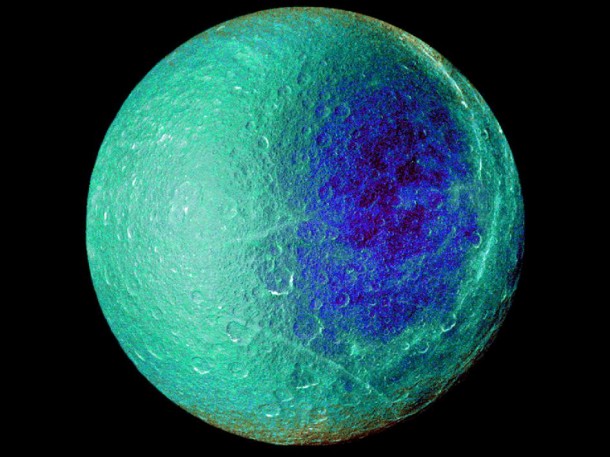 Hemispheric color differences on Saturn's moon Rhea are apparent in this false-color view from NASA's Cassini spacecraft. This image shows the side of the moon that always faces the planet. Image Credit: NASA/JPL/SSI Hemispheric color differences on Saturn's moon Rhea are apparent in this false-color view from NASA's Cassini spacecraft. This image shows the side of the moon that always faces the planet. Image Credit: NASA/JPL/SSI