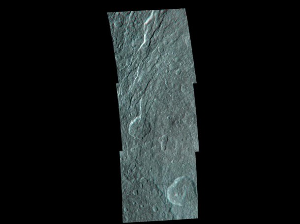 Wispy fractures cut through cratered terrain on Saturn's moon Rhea in this high resolution, 3-D image from NASA's Cassini spacecraft. The image shows a level of detail not seen previously. Image Credit: NASA/JPL/SSI Wispy fractures cut through cratered terrain on Saturn's moon Rhea in this high resolution, 3-D image from NASA's Cassini spacecraft. The image shows a level of detail not seen previously. Image Credit: NASA/JPL/SSI