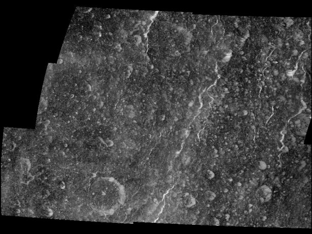 Icy fractures on Saturn's moon Rhea reflect sunlight brightly in this high-resolution mosaic created from images captured by NASA's Cassini spacecraft during its March 2, 2010, flyby. This flyby was the closest flyby of Rhea up to then. Image Credit: NASA/JPL/SSI Icy fractures on Saturn's moon Rhea reflect sunlight brightly in this high-resolution mosaic created from images captured by NASA's Cassini spacecraft during its March 2, 2010, flyby. This flyby was the closest flyby of Rhea up to then. Image Credit: NASA/JPL/SSI