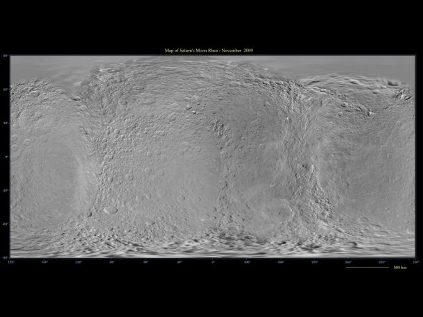 This global digital map of Saturn's moon Rhea was created using data obtained by NASA's Cassini and Voyager spacecraft. Image Credit: NASA/JPL/SSI This global digital map of Saturn's moon Rhea was created using data obtained by NASA's Cassini and Voyager spacecraft. Image Credit: NASA/JPL/SSI