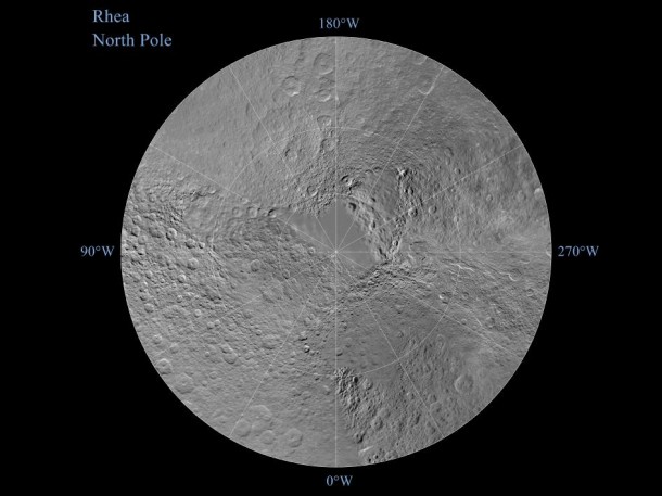 The northern hemisphere of Saturn's moon Rhea is seen in this polar stereographic map, mosaicked from the best-available images obtained by NASA's Cassini and Voyager spacecraft. Image Credit: NASA/JPL/SSI