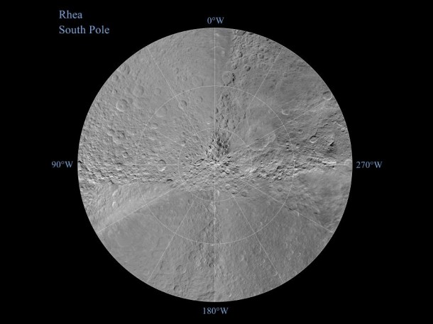 The southern hemisphere of Saturn's moon Rhea is seen in this polar stereographic map, mosaicked from the best-available images obtained by NASA's Cassini spacecraft. Image Credit: NASA/JPL/SSI The southern hemisphere of Saturn's moon Rhea is seen in this polar stereographic map, mosaicked from the best-available images obtained by NASA's Cassini spacecraft. Image Credit: NASA/JPL/SSI