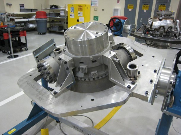 The turbomachinery assemblies for the first development J-2X engine off the production line. (Pratt & Whitney Rocketdyne) The turbomachinery assemblies for the first development J-2X engine off the production line. (Pratt & Whitney Rocketdyne)