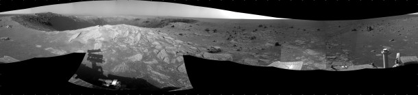 A football-field-size crater, informally named "Santa Maria," dominates the scene in this 360-degree view from NASA's Mars Exploration Rover Opportunity. Credit: NASA/JPL-Caltech A football-field-size crater, informally named "Santa Maria," dominates the scene in this 360-degree view from NASA's Mars Exploration Rover Opportunity. Credit: NASA/JPL-Caltech