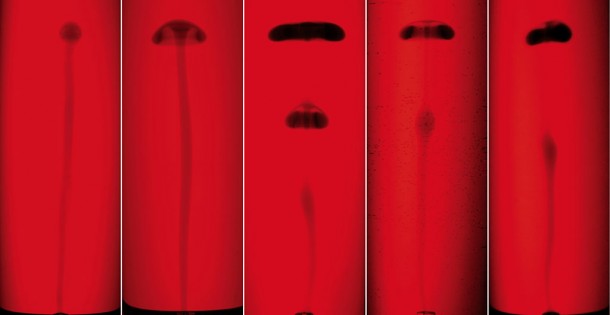 This montage shows the effect of changing glycerine concentration and hence viscosity. The process is analogous to the nuclear deflagration leading to the detonation of a type Ia supernova. Credit: University of Toronto This montage shows the effect of changing glycerine concentration and hence viscosity. The process is analogous to the nuclear deflagration leading to the detonation of a type Ia supernova. Credit: University of Toronto