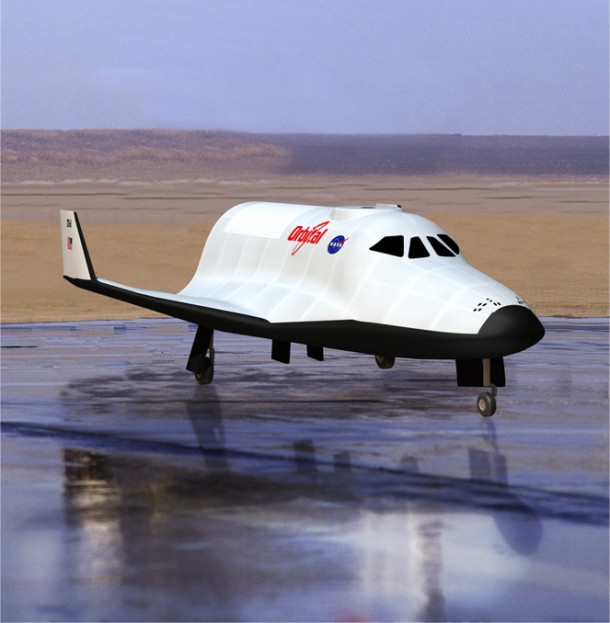 Orbital's proposed space vehicle for NASA's Commercial Crew Development-2 program is depicted on the tarmac of a landing strip Orbital's proposed space vehicle for NASA's Commercial Crew Development-2 program is depicted on the tarmac of a landing strip