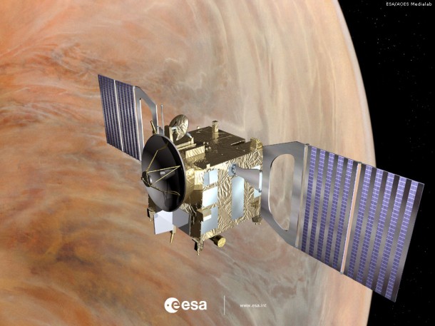 Venus Express has two solar cell panels per wing comprising alternating rows of standard triple junction solar cells as well as highly reflective mirrors to reduce the operating temperatures. There is twice as much sunlight in Venus's orbit as there is in Earth's orbit, plus additional thermal input from the Venusian surface and atmosphere – 75% of sunlight being reflected up from it. Credit: ESA Venus Express has two solar cell panels per wing comprising alternating rows of standard triple junction solar cells as well as highly reflective mirrors to reduce the operating temperatures. There is twice as much sunlight in Venus's orbit as there is in Earth's orbit, plus additional thermal input from the Venusian surface and atmosphere – 75% of sunlight being reflected up from it. Credit: ESA