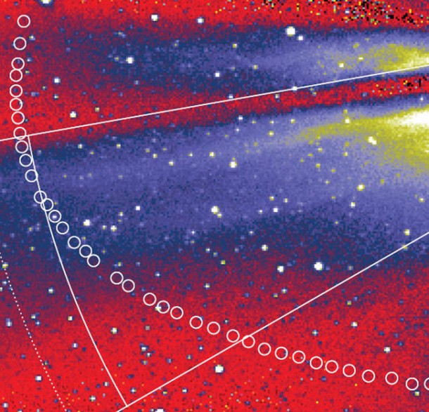 The path of 3200 Phaethon through STEREO's HI-1A coronagraph camera. False-color green and blue streamers come from the sun. The path of 3200 Phaethon through STEREO's HI-1A coronagraph camera. False-color green and blue streamers come from the sun.