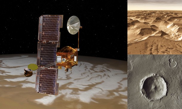Artist concept of NASA's Mars Odyssey orbiter with images taken from the spacecraft. Image credit: NASA/JPL Artist concept of NASA's Mars Odyssey orbiter with images taken from the spacecraft. Image credit: NASA/JPL