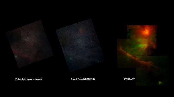 SOFIA FORCAST's view of Orion (right), compared with that of ground-based telescopes 