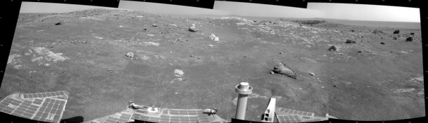 NASA's Mars Exploration Rover Opportunity used its navigation camera to record this view of Santa Maria crater at the end of a drive during the 2,450th Martian day, or sol, of the rover's work on Mars (Dec. 15, 2010) NASA's Mars Exploration Rover Opportunity used its navigation camera to record this view of Santa Maria crater at the end of a drive during the 2,450th Martian day, or sol, of the rover's work on Mars (Dec. 15, 2010)