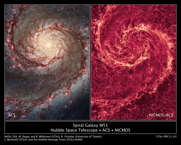 Credit for the NICMOS image: NASA, ESA, M. Regan and B. Whitmore (STScI), and R. Chandar (University of Toledo) Credit for the ACS image: NASA, ESA, S. Beckwith (STScI), and the Hubble Heritage Team (STScI/AURA) Credit for the NICMOS image: NASA, ESA, M. Regan and B. Whitmore (STScI), and R. Chandar (University of Toledo) Credit for the ACS image: NASA, ESA, S. Beckwith (STScI), and the Hubble Heritage Team (STScI/AURA)