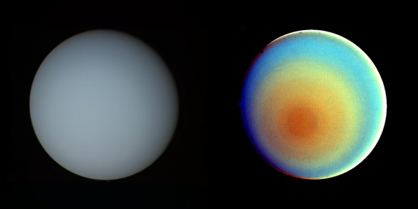 These two pictures of Uranus -- one in true color (left) and the other in false color -- were compiled from images returned Jan. 17, 1986, by the narrow-angle camera of Voyager 2. Image credit: NASA/JPL These two pictures of Uranus -- one in true color (left) and the other in false color -- were compiled from images returned Jan. 17, 1986, by the narrow-angle camera of Voyager 2. Image credit: NASA/JPL