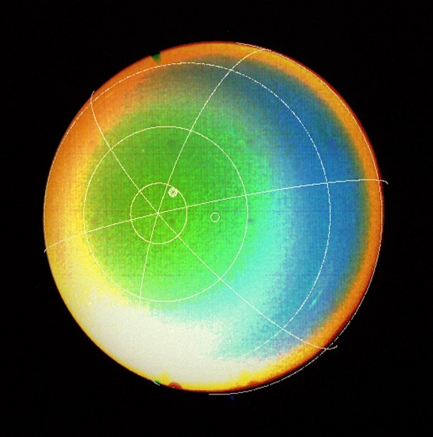 A latitude-longitude grid superimposed on this Voyager 2 false color image shows that Uranus' atmosphere circulates in the same direction as the planet rotates. Image credit: NASA/JPL A latitude-longitude grid superimposed on this Voyager 2 false color image shows that Uranus' atmosphere circulates in the same direction as the planet rotates. Image credit: NASA/JPL