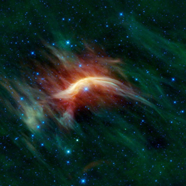 The blue star near the center of this image is Zeta Ophiuchi. When seen in visible light it appears as a relatively dim red star surrounded by other dim stars and no dust. Image credit: NASA/JPL-Caltech/UCLA The blue star near the center of this image is Zeta Ophiuchi. When seen in visible light it appears as a relatively dim red star surrounded by other dim stars and no dust. Image credit: NASA/JPL-Caltech/UCLA