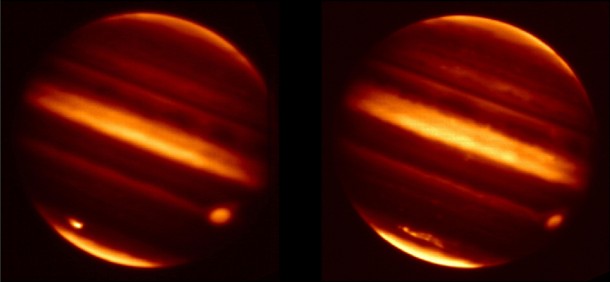 These infrared images obtained from NASA's Infrared Telescope Facility in Mauna Kea, Hawaii, show particle debris in Jupiter's atmosphere after an object hurtled into the atmosphere on July 19, 2009. Image credit: NASA/IRTF/JPL-Caltech/University of Oxford These infrared images obtained from NASA's Infrared Telescope Facility in Mauna Kea, Hawaii, show particle debris in Jupiter's atmosphere after an object hurtled into the atmosphere on July 19, 2009. Image credit: NASA/IRTF/JPL-Caltech/University of Oxford