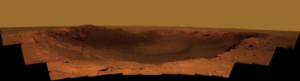 NASA's Mars Exploration Rover Opportunity is spending the seventh anniversary of its landing on Mars investigating a crater called "Santa Maria," which has a diameter about the length of a football field. Image credit: NASA/JPL-Caltech/Cornell/ASU NASA's Mars Exploration Rover Opportunity is spending the seventh anniversary of its landing on Mars investigating a crater called "Santa Maria," which has a diameter about the length of a football field. Image credit: NASA/JPL-Caltech/Cornell/ASU