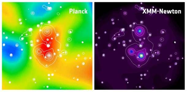 This image shows one of the newly discovered superclusters of galaxies, PLCK G214.6+37.0, detected by Planck and confirmed by XMM-Newton. This is the first supercluster to be discovered through its Sunyaev-Zel'dovich effect. The effect is the name for the cluster’s silhouette against the cosmic microwave background radiation. Combined with other observations, the Sunyaev-Zel'dovich effect allows astronomers to measure properties such as the temperature and density of the cluster’s hot gas where the galaxies are embedded. Credits: ESA/Planck Collaboration; XMM-Newton image: ESA This image shows one of the newly discovered superclusters of galaxies, PLCK G214.6+37.0, detected by Planck and confirmed by XMM-Newton. This is the first supercluster to be discovered through its Sunyaev-Zel'dovich effect. The effect is the name for the cluster’s silhouette against the cosmic microwave background radiation. Combined with other observations, the Sunyaev-Zel'dovich effect allows astronomers to measure properties such as the temperature and density of the cluster’s hot gas where the galaxies are embedded. Credits: ESA/Planck Collaboration; XMM-Newton image: ESA