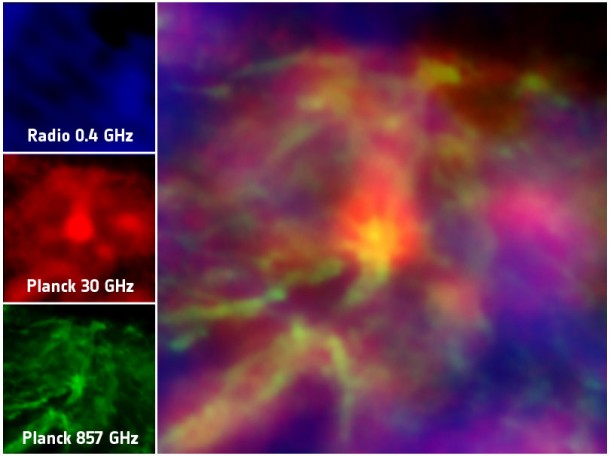 The colour composite of the Rho Ophiuchus molecular cloud highlights the correlation between the anomalous microwave emission, most likely due to miniature spinning dust grains observed at 30 GHz (shown here in red), and the thermal dust emission, observed at 857 GHz (shown here in green). The complex structure of knots and filaments, visible in this cloud of gas and dust, represents striking evidence for the ongoing processes of star formation. Credits: ESA/Planck Collaboration The colour composite of the Rho Ophiuchus molecular cloud highlights the correlation between the anomalous microwave emission, most likely due to miniature spinning dust grains observed at 30 GHz (shown here in red), and the thermal dust emission, observed at 857 GHz (shown here in green). The complex structure of knots and filaments, visible in this cloud of gas and dust, represents striking evidence for the ongoing processes of star formation. Credits: ESA/Planck Collaboration