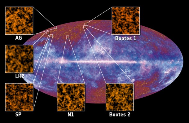 This image shows the location of the first six fields used to detect and study the Cosmic Infrared Background. The fields, named N1, AG, SP, LH2, Boötes 1 and Boötes 2, respectively, are all located at a relatively high galactic latitude, where the foreground contamination due to the Milky Way's diffuse emission is less dramatic. Credits: ESA/Planck Collaboration This image shows the location of the first six fields used to detect and study the Cosmic Infrared Background. The fields, named N1, AG, SP, LH2, Boötes 1 and Boötes 2, respectively, are all located at a relatively high galactic latitude, where the foreground contamination due to the Milky Way's diffuse emission is less dramatic. Credits: ESA/Planck Collaboration
