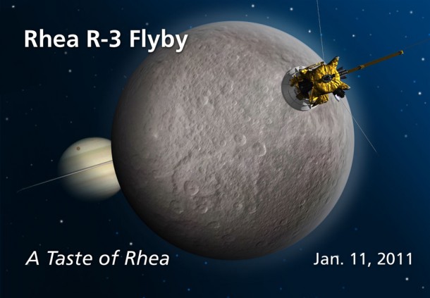 This artist's concept shows the third flyby of Saturn's moon Rhea by NASA's Cassini spacecraft. It is the closest flyby of Cassini's mission. Image credit: NASA/JPL/Caltech This artist's concept shows the third flyby of Saturn's moon Rhea by NASA's Cassini spacecraft. It is the closest flyby of Cassini's mission. Image credit: NASA/JPL/Caltech