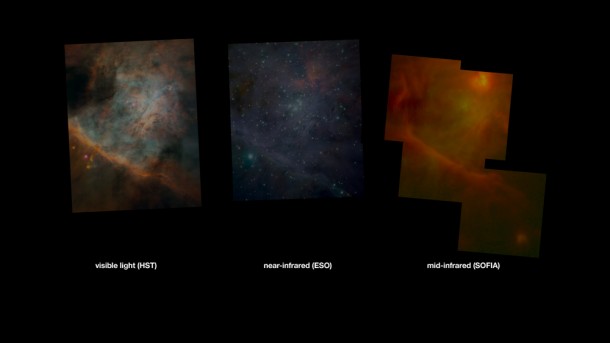 The Orion Constellation – comparison of three images (SOFIA/FORCAST at right)