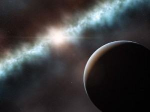 This artist’s impression shows the disc around the young star T Cha. Using ESO’s Very Large Telescope this disc has been found to be in two parts, a narrow ring close to the star and the remainder of the disc material much further out. A companion object, seen in the foreground, has been detected in the gap in the disc that may be either a brown dwarf or a large planet. The inner dust disc is lost in the glare of the star on this picture. This artist’s impression shows the disc around the young star T Cha. Using ESO’s Very Large Telescope this disc has been found to be in two parts, a narrow ring close to the star and the remainder of the disc material much further out. A companion object, seen in the foreground, has been detected in the gap in the disc that may be either a brown dwarf or a large planet. The inner dust disc is lost in the glare of the star on this picture.