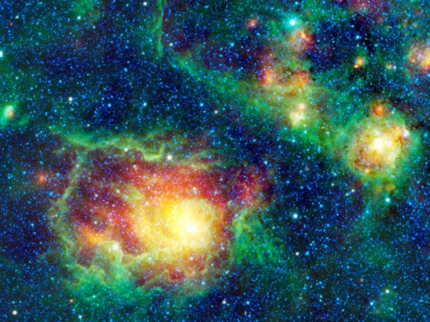 This colorful picture is a mosaic of the Lagoon nebula taken by NASA’s Wide-field Infrared Survey Explorer, or WISE. Image credit: NASA/JPL-Caltech/UCLA This colorful picture is a mosaic of the Lagoon nebula taken by NASA’s Wide-field Infrared Survey Explorer, or WISE. Image credit: NASA/JPL-Caltech/UCLA