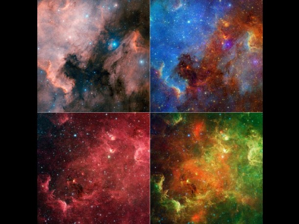 This image layout reveals how the appearance of the North American nebula can change dramatically using different combinations of visible and infrared observations from the Digitized Sky Survey and NASA's Spitzer Space Telescope, respectively. Image credit: NASA/JPL-Caltech This image layout reveals how the appearance of the North American nebula can change dramatically using different combinations of visible and infrared observations from the Digitized Sky Survey and NASA's Spitzer Space Telescope, respectively. Image credit: NASA/JPL-Caltech